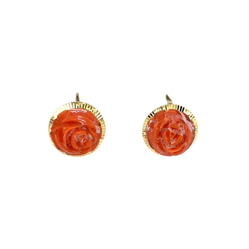 Vintage 14K Gold Rose Drop Earrings with Colored Stone