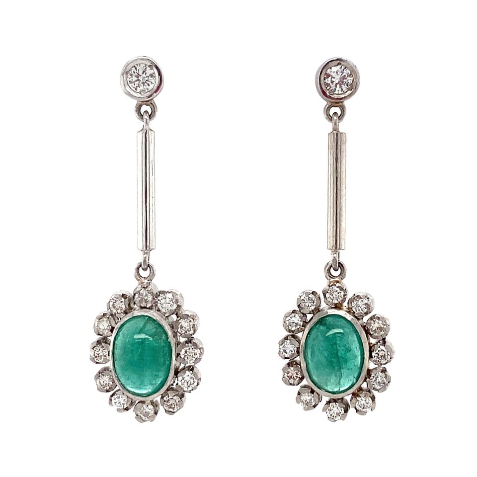 Vintage Platinum Cluster Drop Earrings with Emerald and Diamond