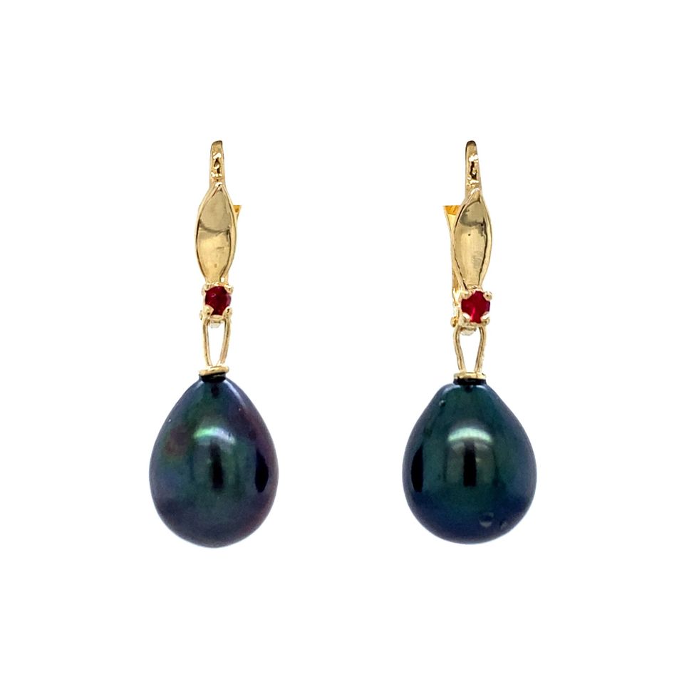 Vintage 14K Gold Drop Earrings with Colored Stone and Pearl