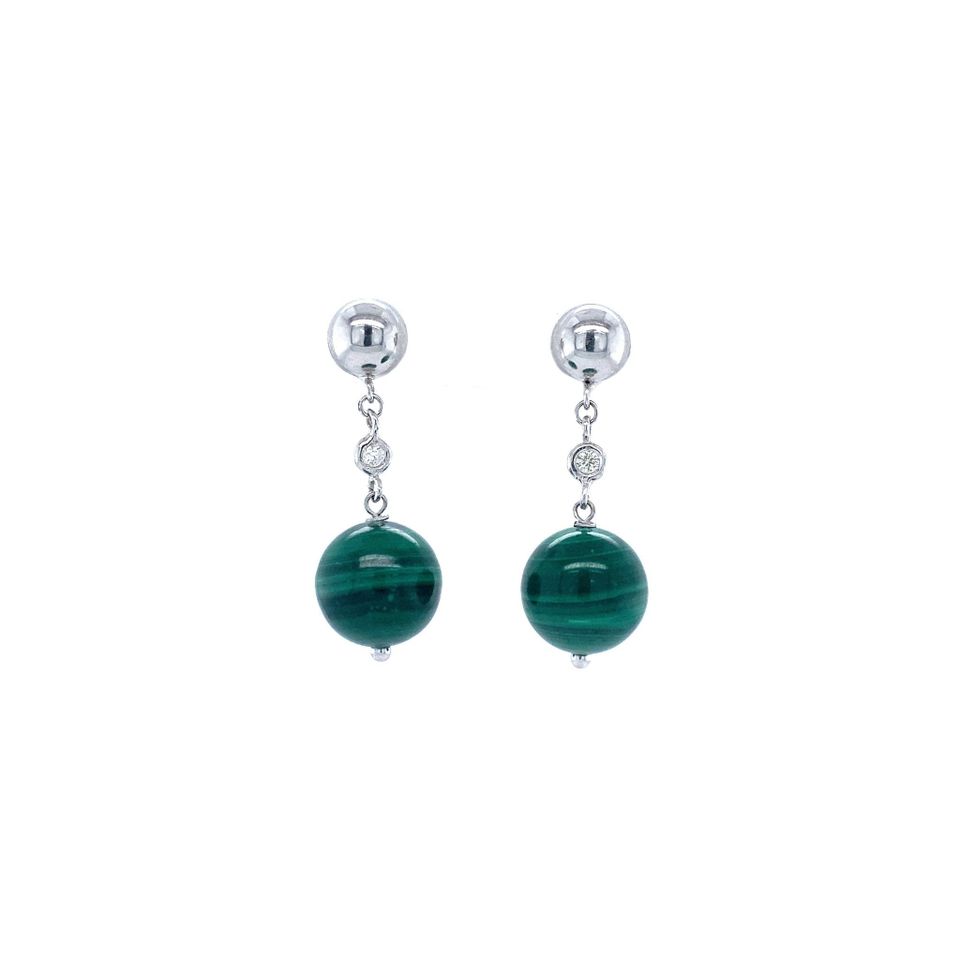 Vintage 18K Gold Stud Earrings with Diamond and Malachite