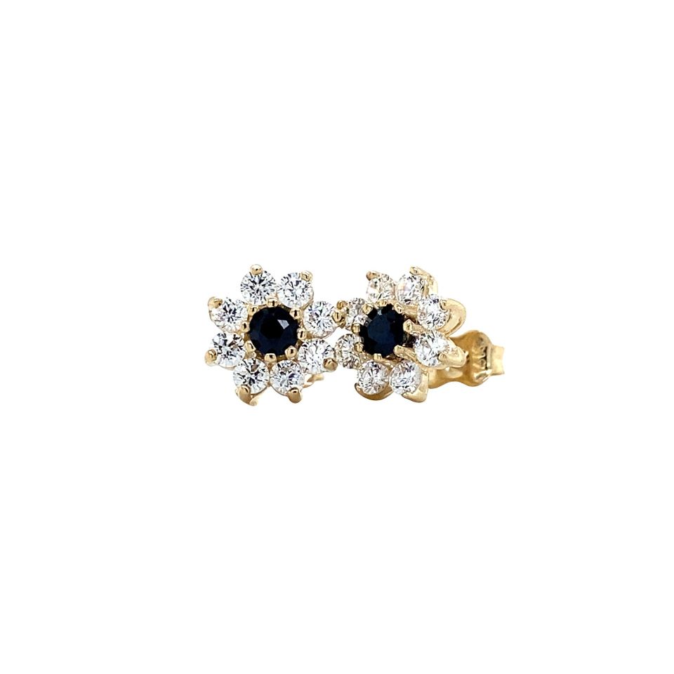 Vintage 14K Gold Cluster Stud Earrings with Sapphire and Cubic Zirconia