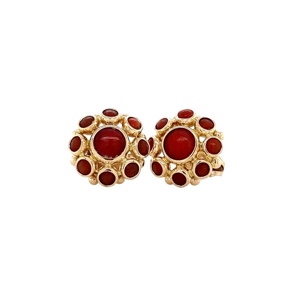 Vintage 14K Gold Cluster Stud Earrings with Red Coral