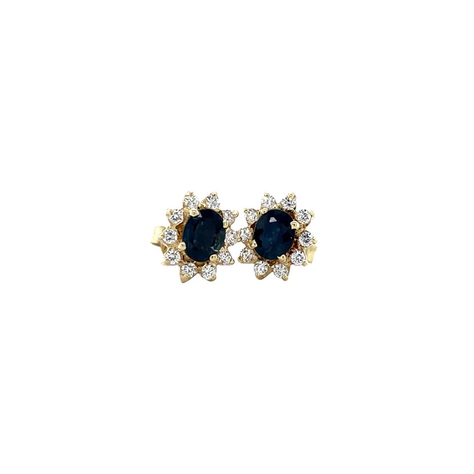 Vintage 14K Gold Cluster Stud Earrings with Sapphire and Cubic Zirconia