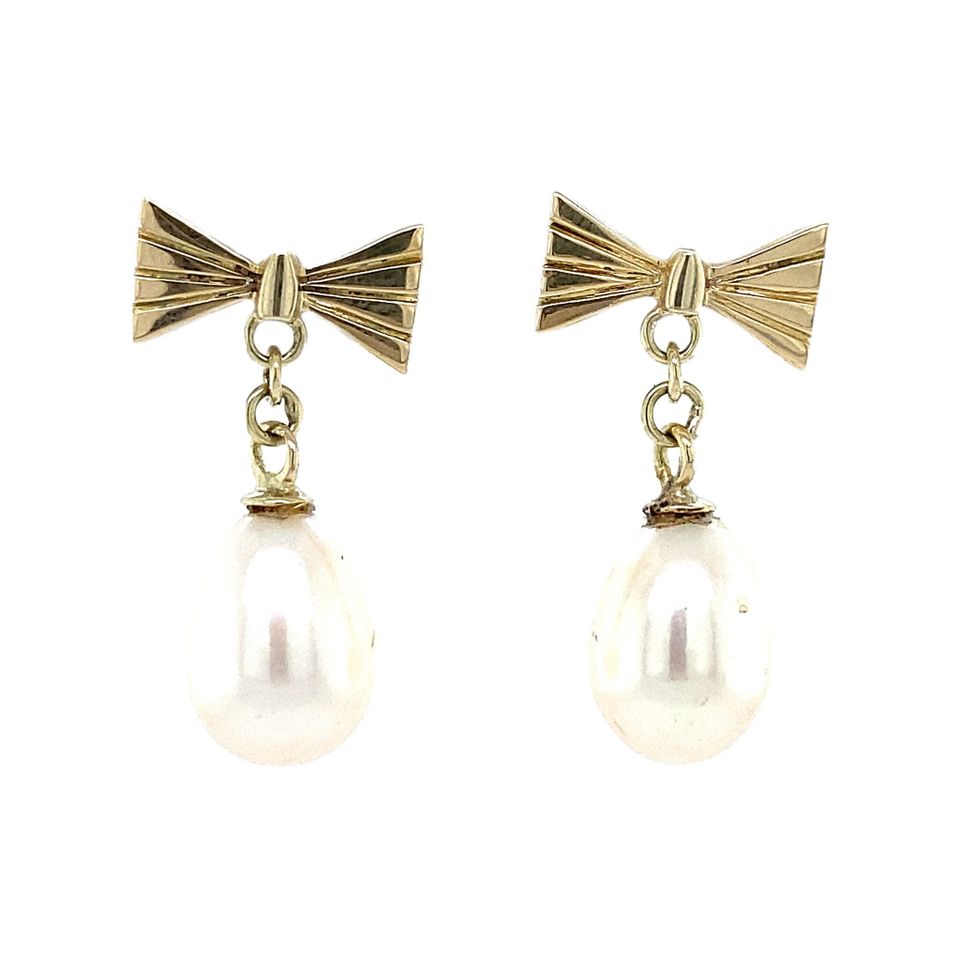 Vintage 14K Gold Stud Earrings Bow with Pearl