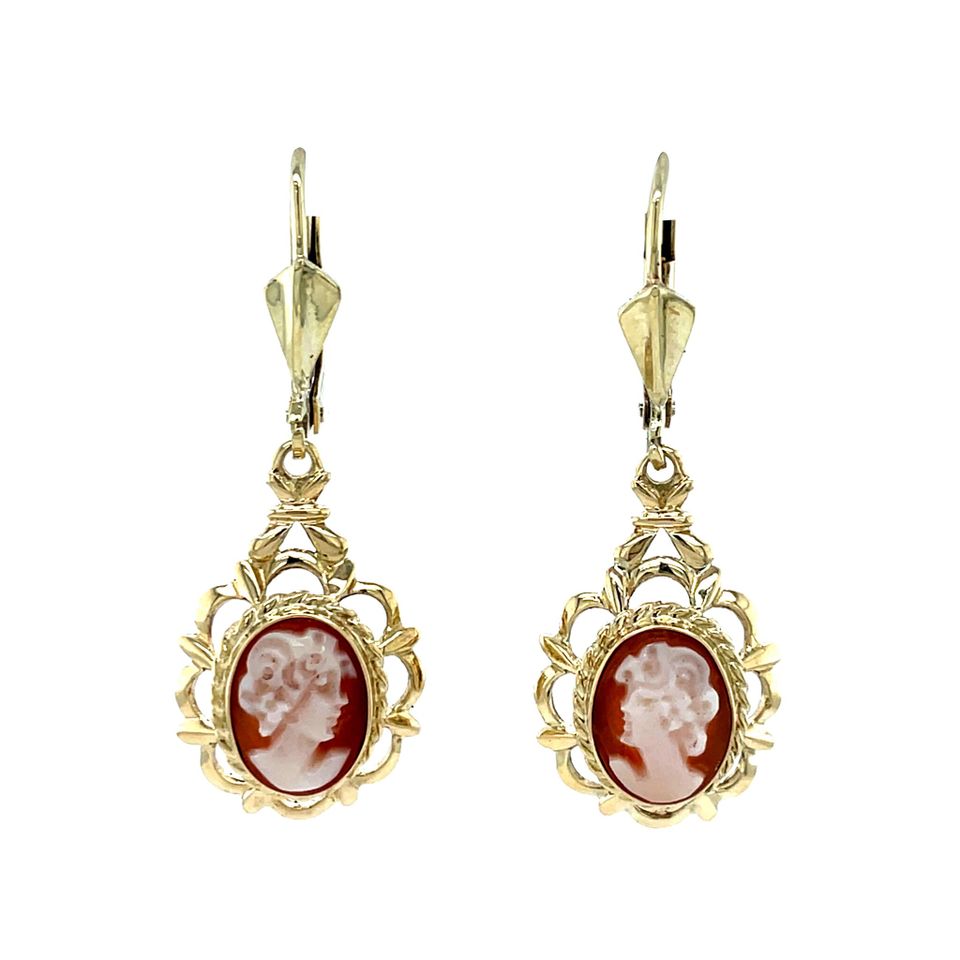 Vintage 14K Gold Drop Earrings with Cameo