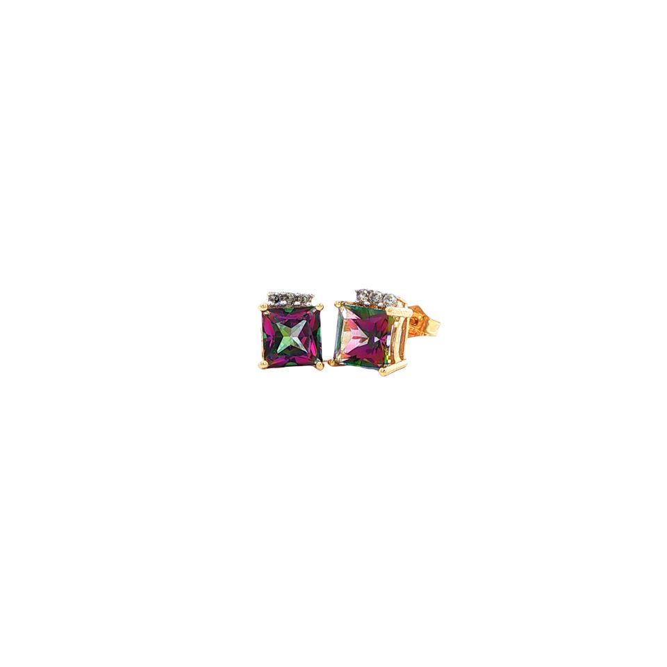 Vintage 14K Gold Stud Earrings with Mystic Topaz and Diamond