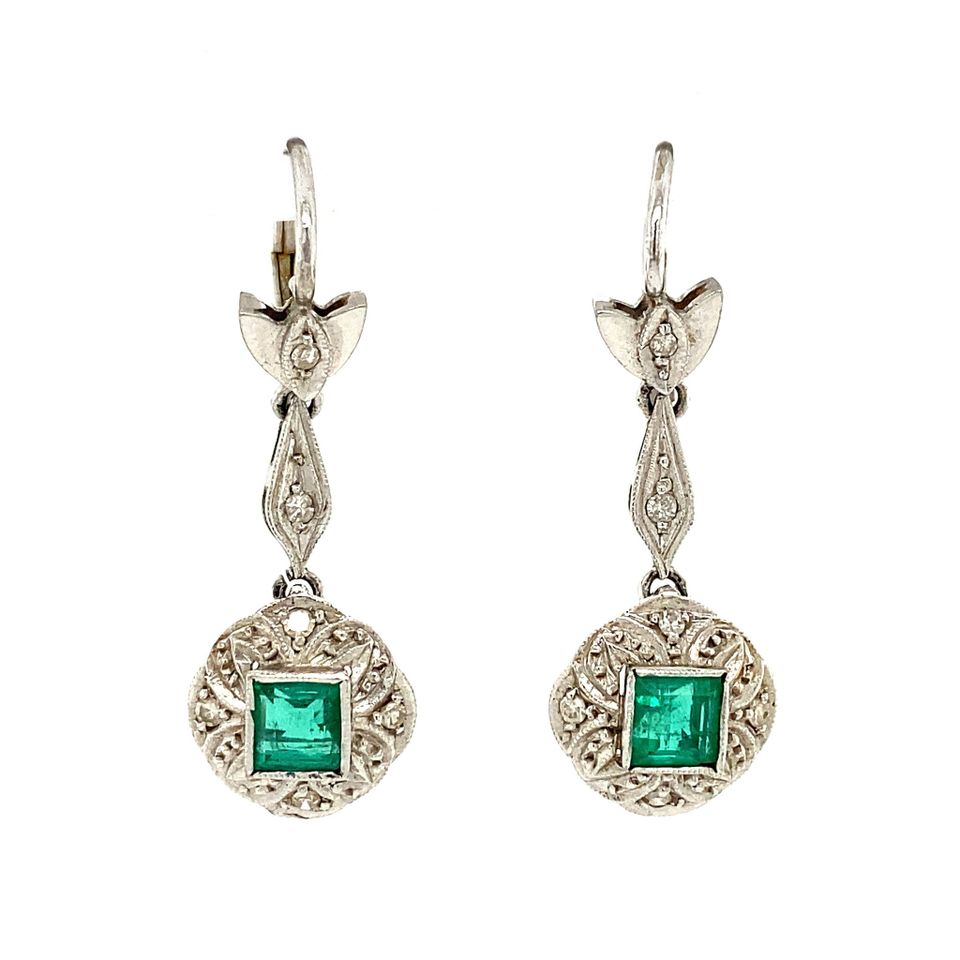 Vintage 14K White Gold Drop Earrings with Diamond and Emerald