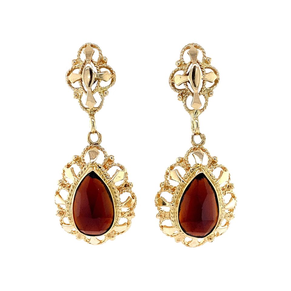 Vintage 14K Gold Drop Earrings with Garnet