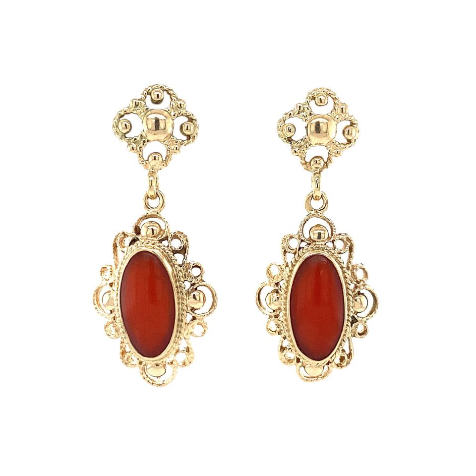 Vintage 14K Gold Drop Earrings with Red Coral