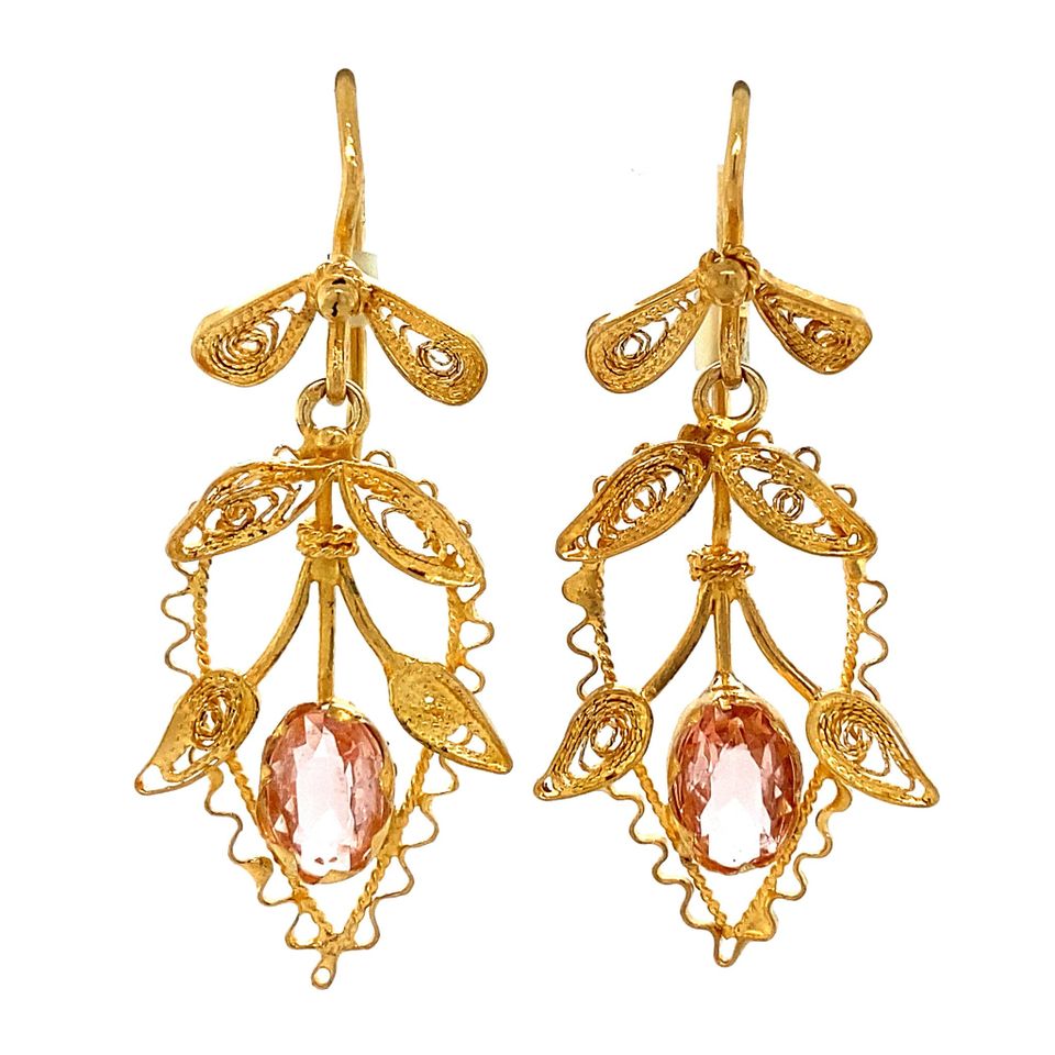 Vintage 18K Gold Drop Earrings Filigree with Pink Glass