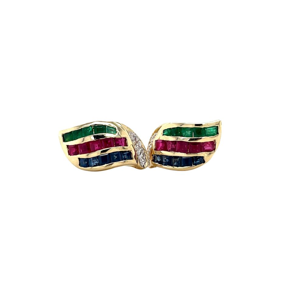 Vintage 14K Gold Stud Earrings with Ruby, Emerald, Sapphire and Diamond