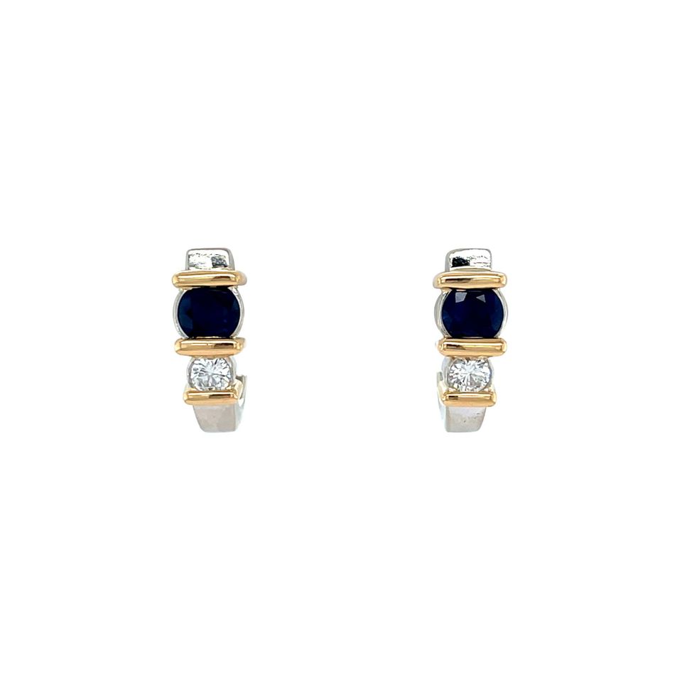 Vintage 14K Two Tone Gold Stud Earrings with Sapphire and Diamond