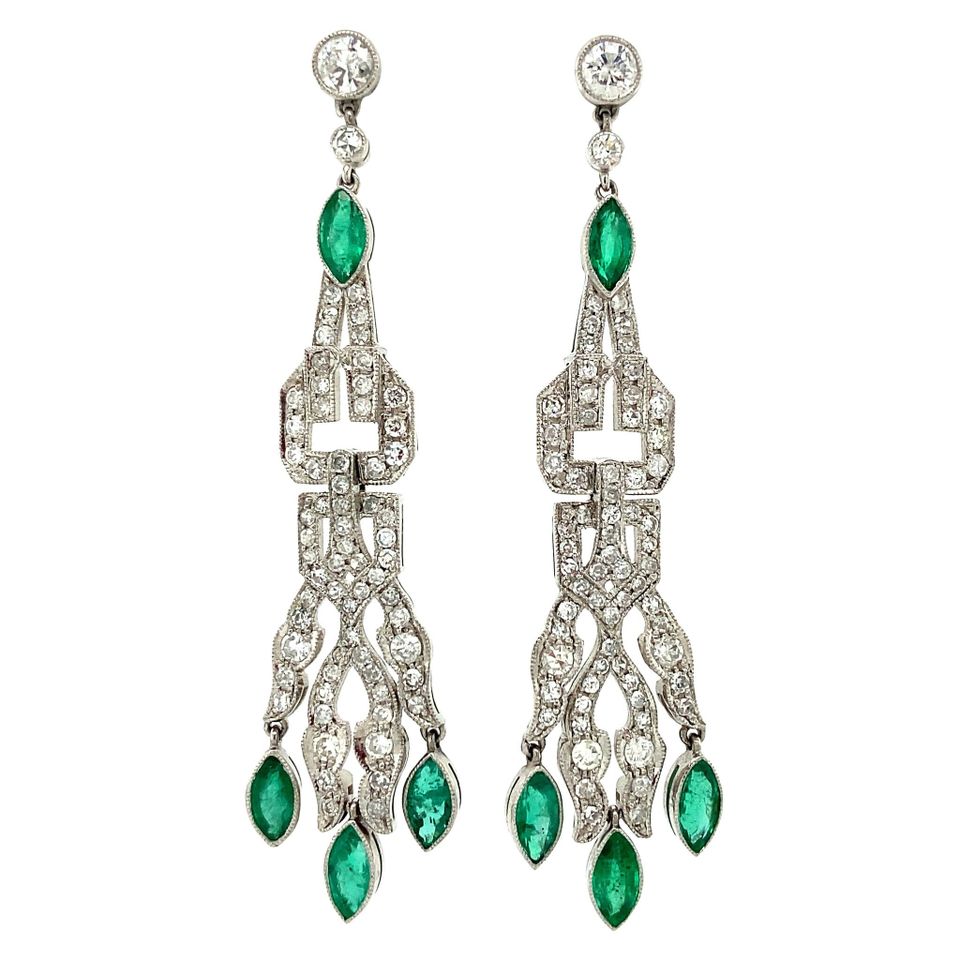Vintage Platinum Drop Earrings with Emerald and Diamond