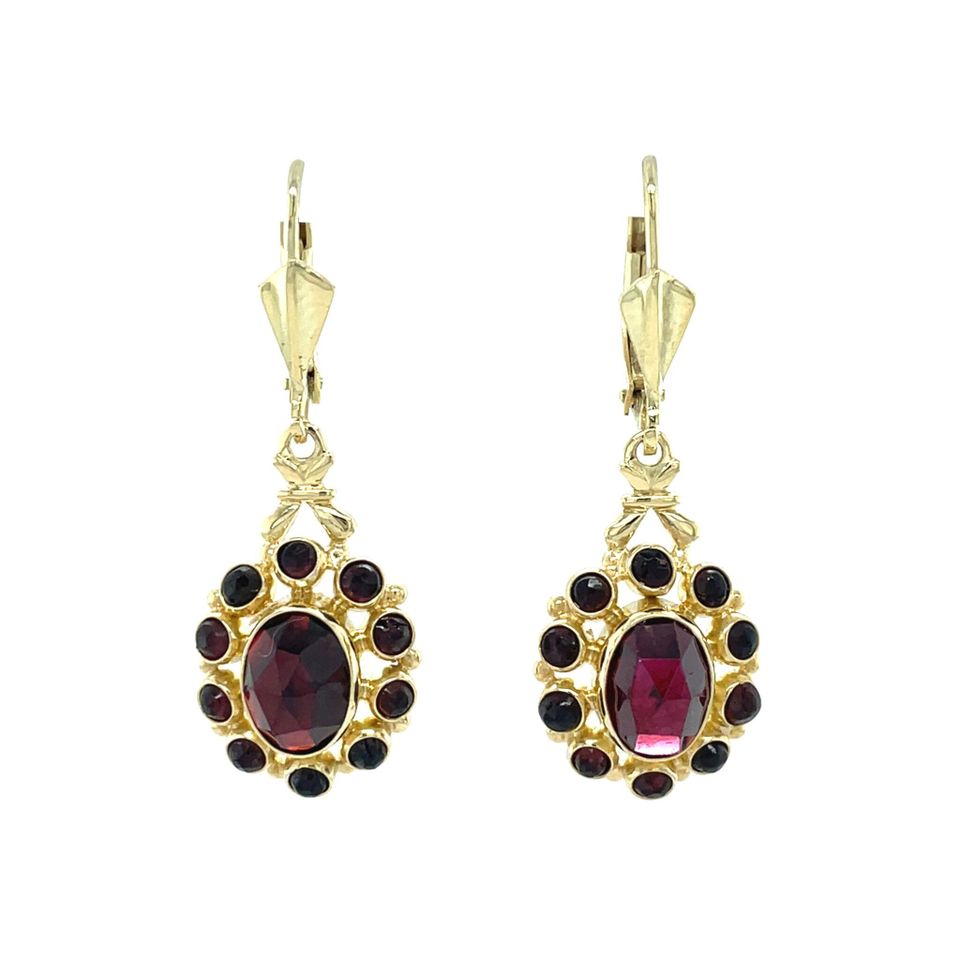 Vintage 14K Gold Cluster Drop Earrings with Garnet