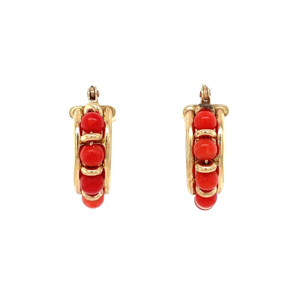 Vintage 14K Gold Hoop Earrings with Red Coral
