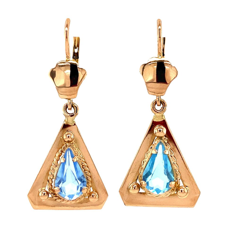 Vintage 18K Gold Drop Earrings with Blue Colored Stone