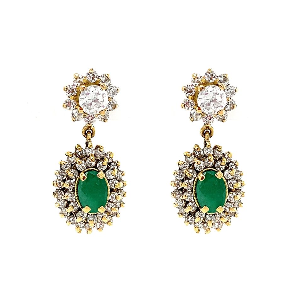 Vintage 18K Gold Drop Earrings with Emerald and Cubic Zirconia