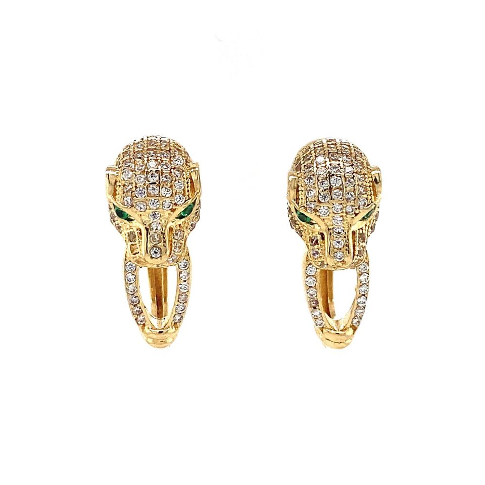 Vintage 14K Gold Panther Hoop Earrings with Cubic Zirconia and Emerald