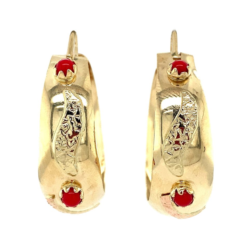 Vintage 14K Gold Hoop Earrings with Red Coral