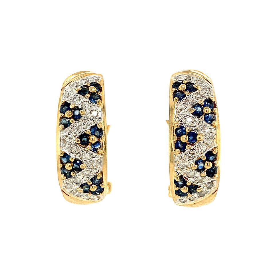 Vintage 14K Gold Stud Earrings with Natural Sapphire and Diamond