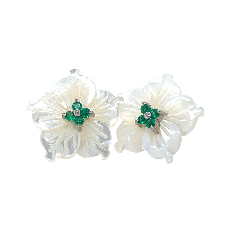 Vintage 14K White Gold Stud Earrings with Emerald and Mother of Pearl