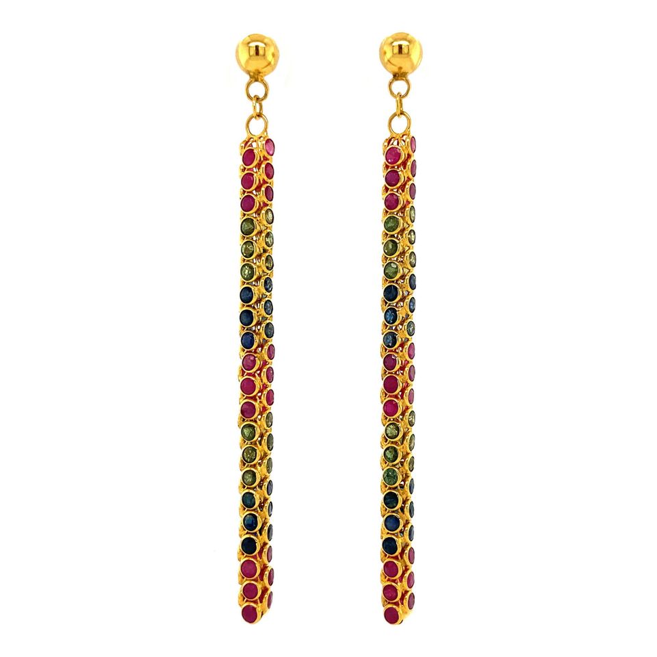 Vintage 18K Gold Drop Earrings with Emerald, Ruby and Sapphire