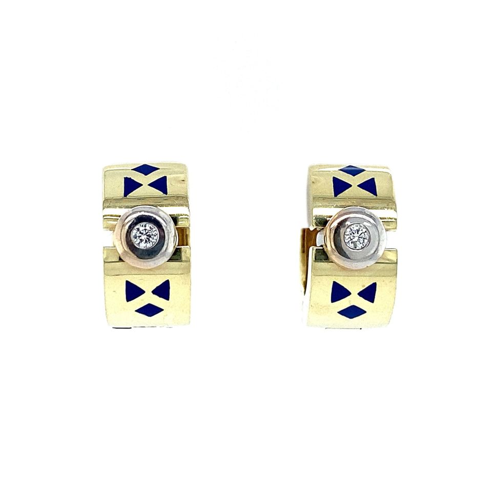 Vintage 14K Gold Hoop Earrings with Diamond and Enamel