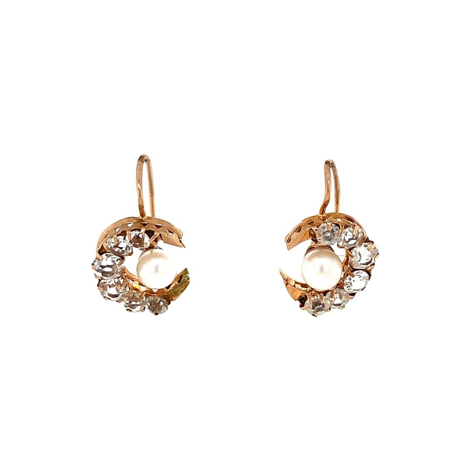 Vintage 14K Gold Hoop Earrings with Cubic Zirconia and Pearl
