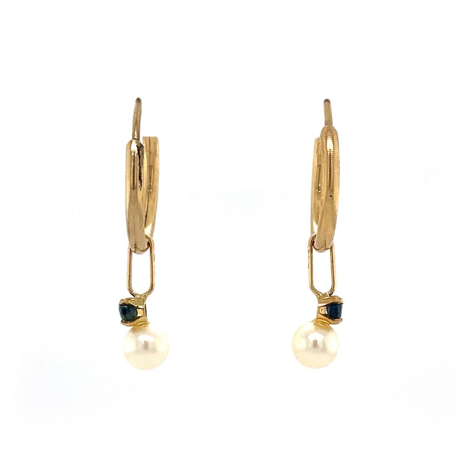 Vintage 14K Gold Hoop Earrings with Pearl and Sapphire