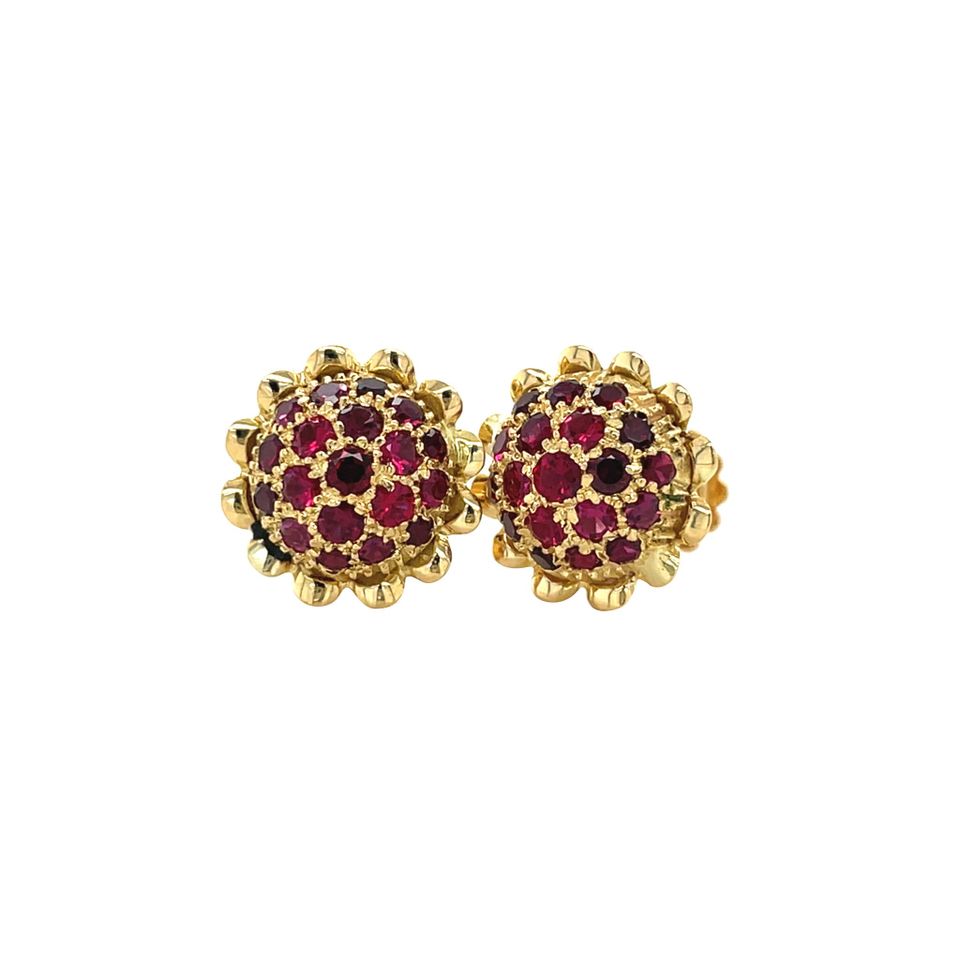 Vintage 18K Gold Cluster Stud Earrings with Ruby