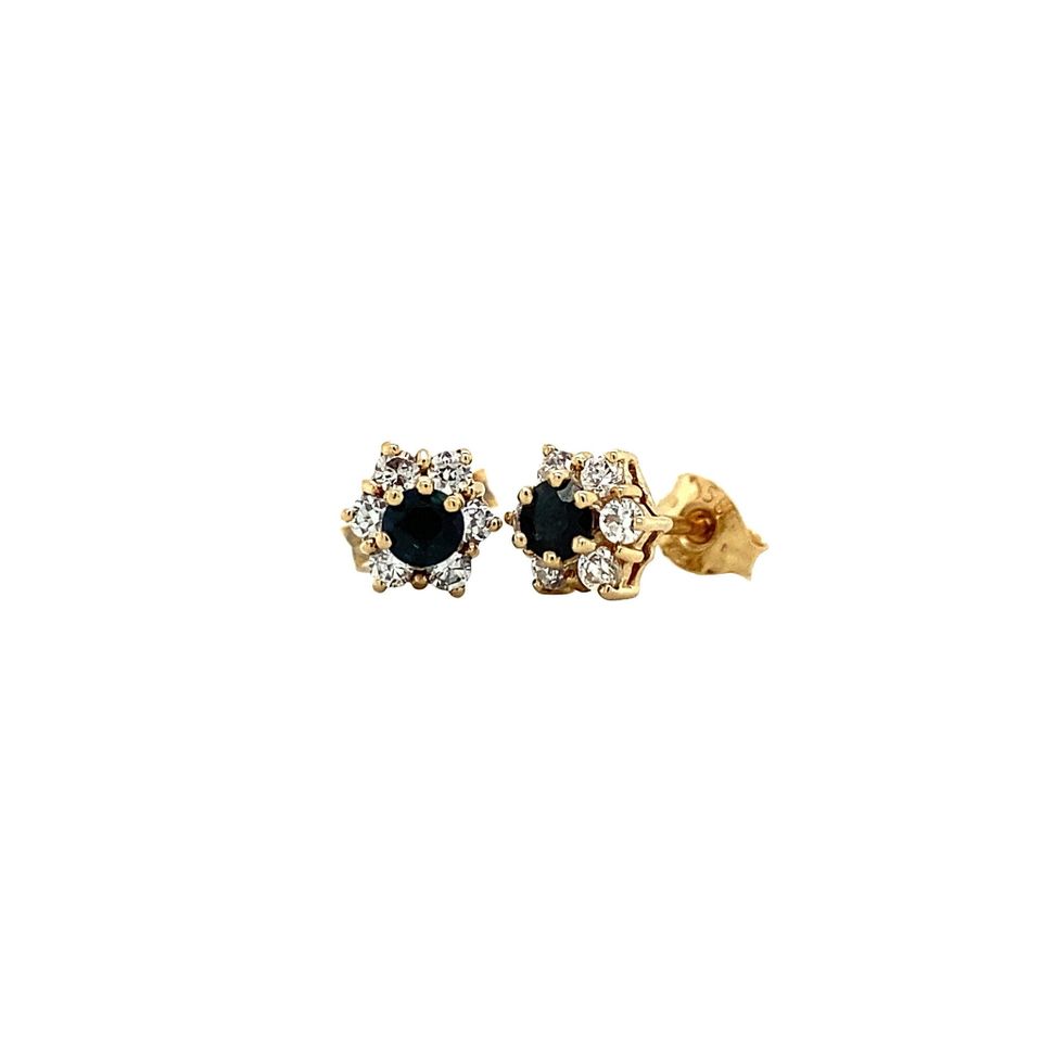 Vintage 14K Gold Cluster Stud Earrings with Sapphire and Cubic Zirconia