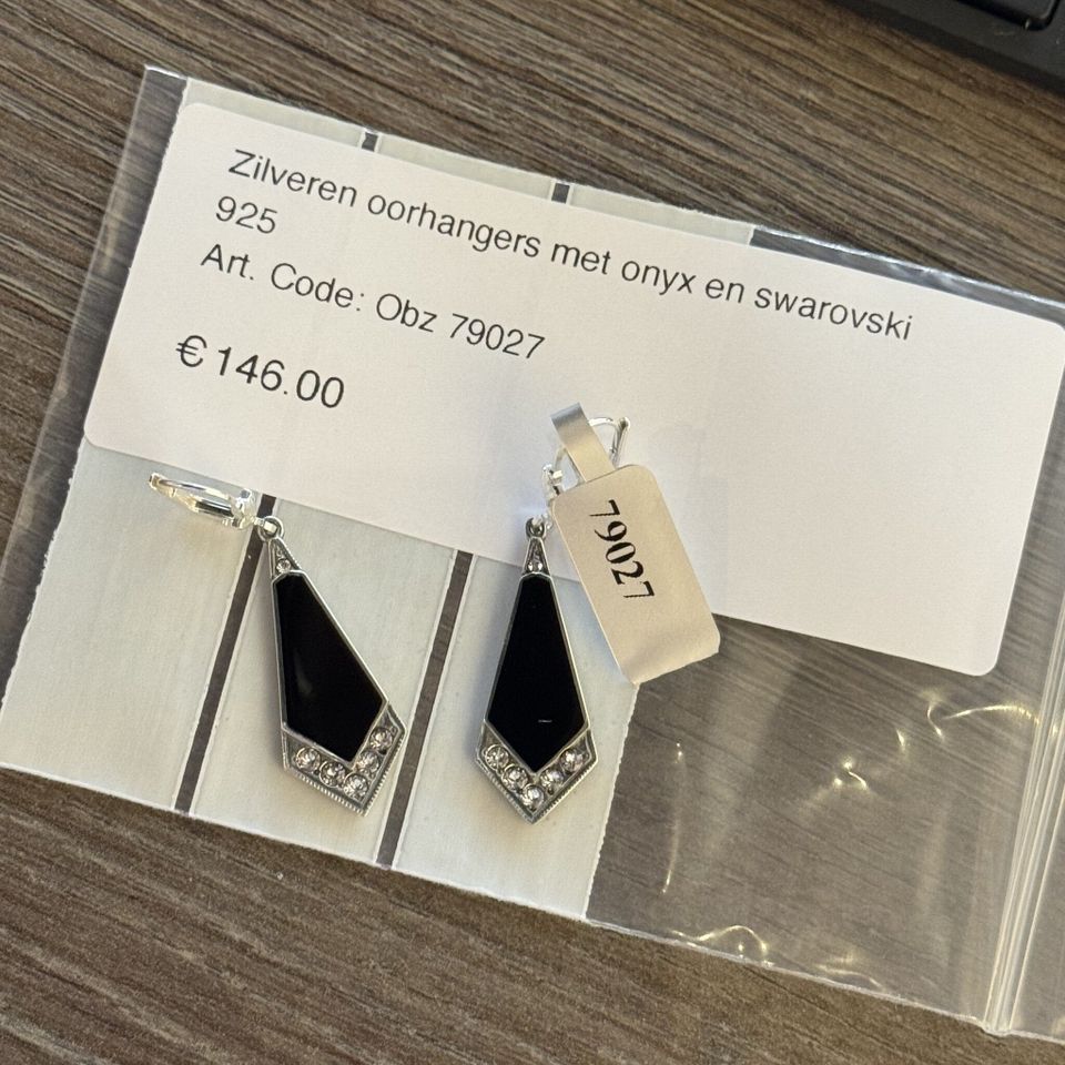Vintage Sterling Silver Drop Earrings with Onyx and Swarovski
