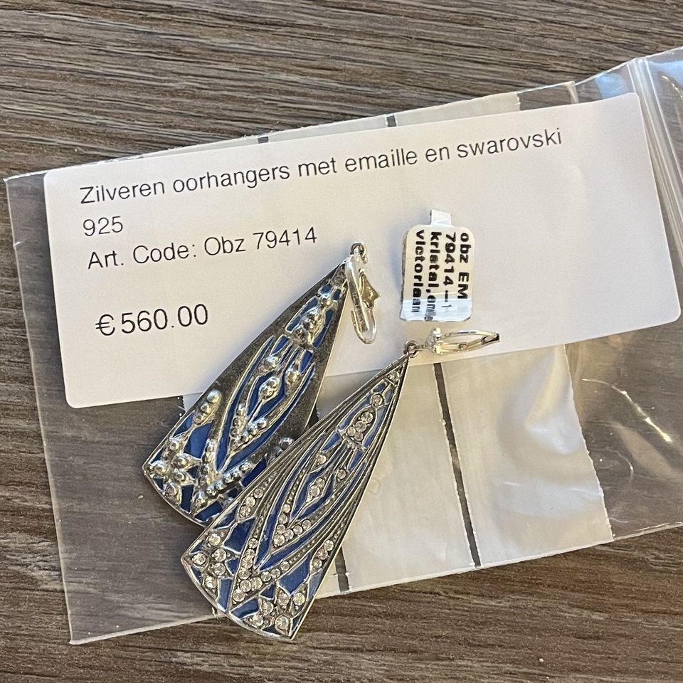 Vintage Sterling Silver Drop Earrings with Enamel and Swarovski