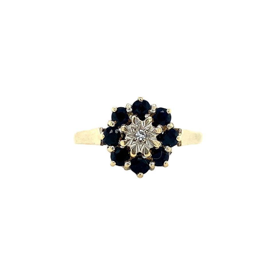Vintage Cluster 9K Gold Ring with Sapphire and Diamond