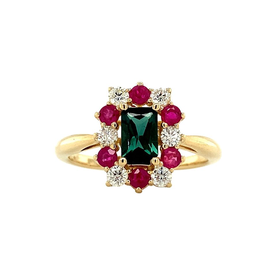 Vintage 14K Gold Cluster Ring with Tourmaline, Natural Ruby and Diamond
