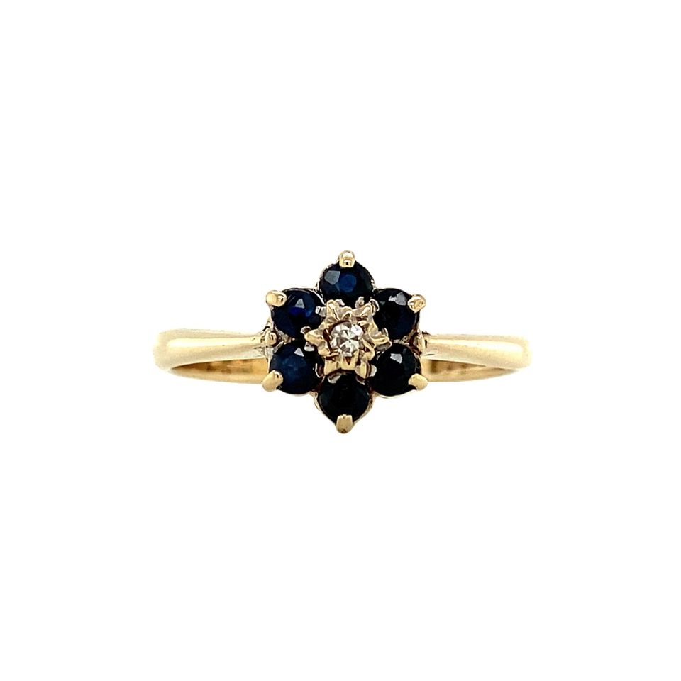 Vintage Cluster 9K Gold Ring with Sapphire and Diamond
