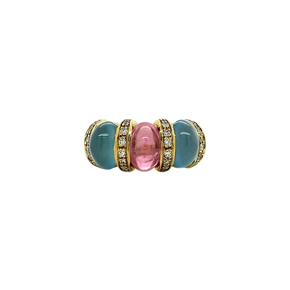 Vintage 14K Gold Ring with Tourmaline, Moonstone and Diamond