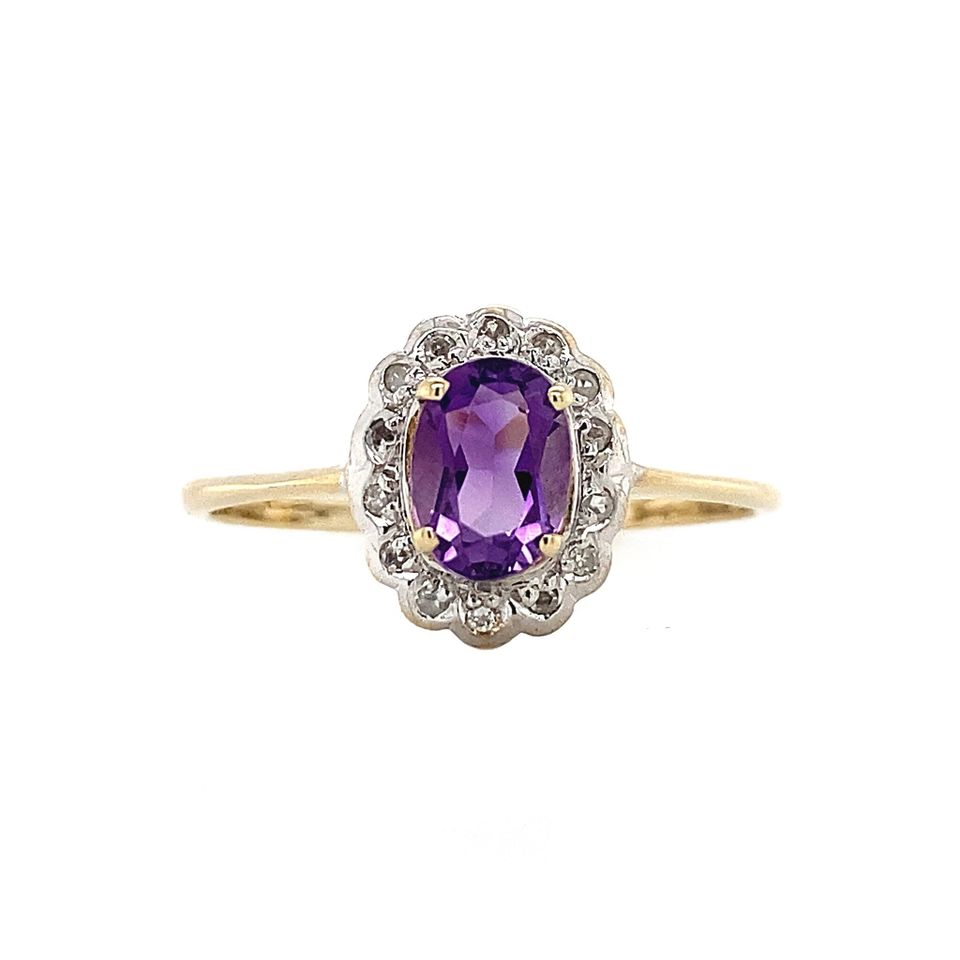 Vintage Cluster 9K Gold Ring with Amethyst and Diamond