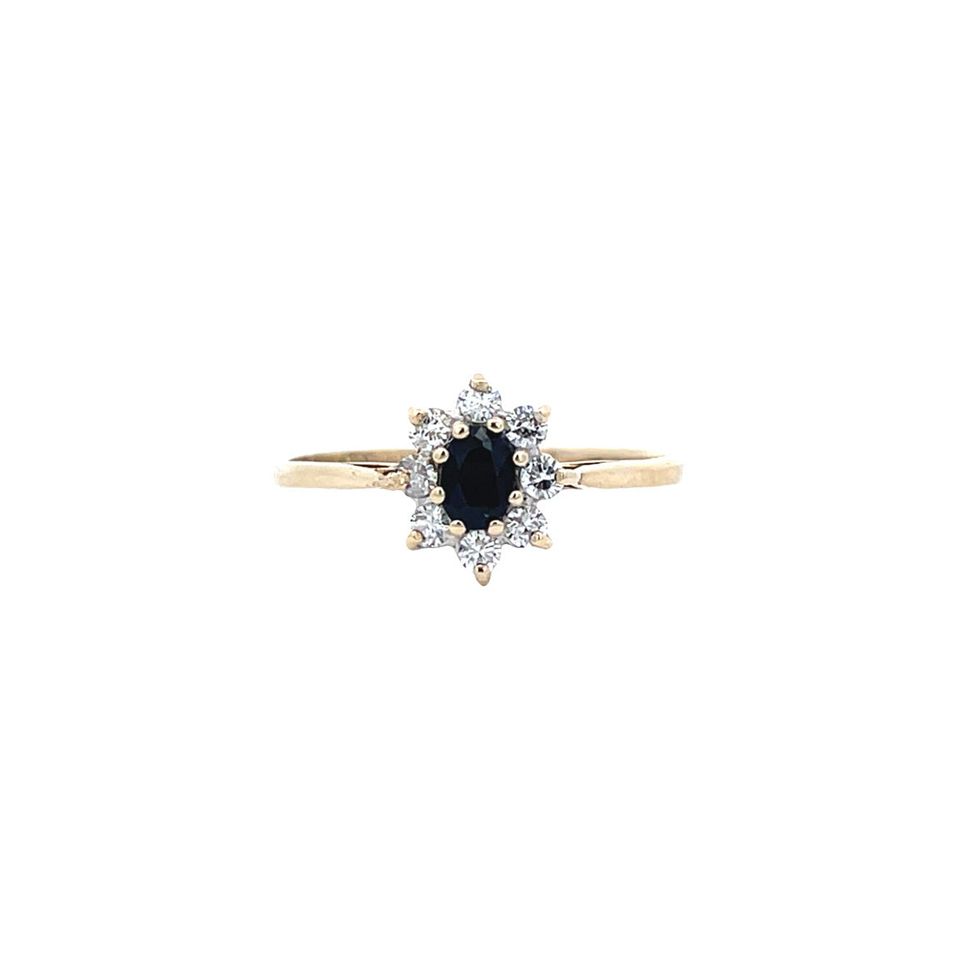 Vintage Cluster 9K Gold Ring with Sapphire and Cubic Zirconia