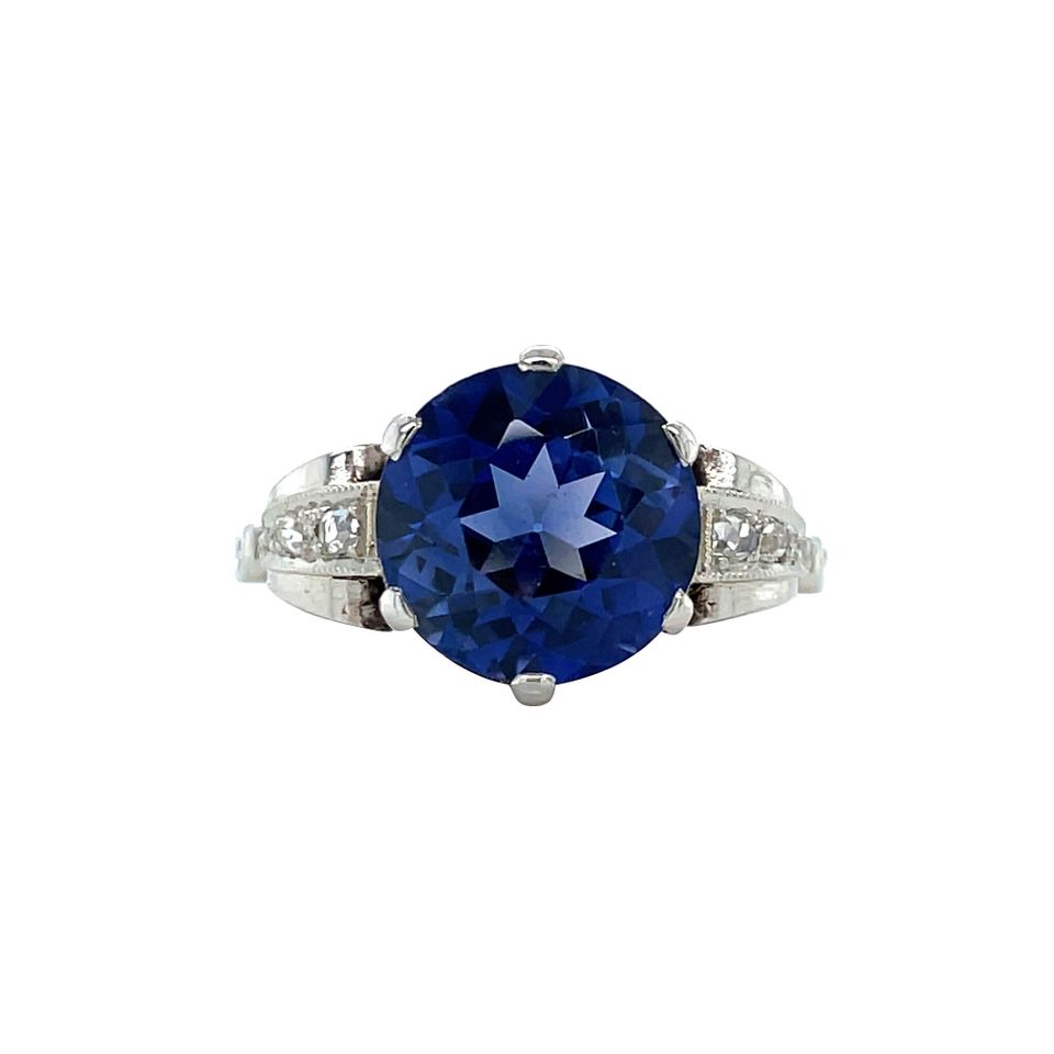 Vintage 14K White Gold Ring with Sapphire and Diamond