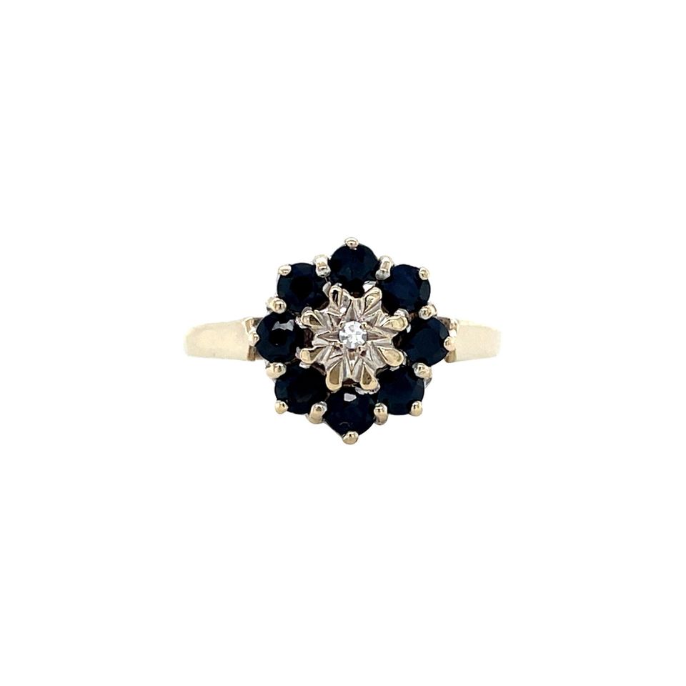 Vintage Cluster 9K Gold Ring with Sapphire and Diamond