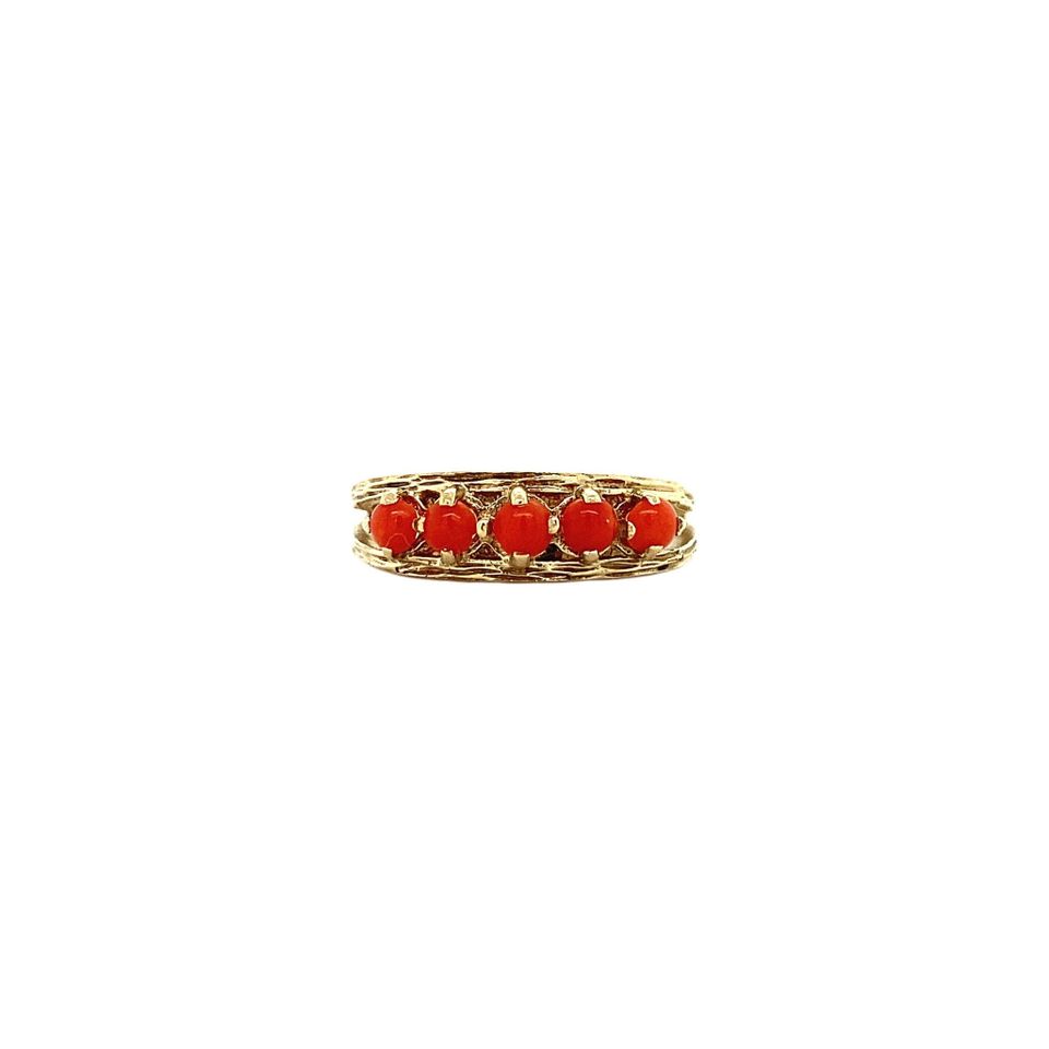 Vintage 9K Gold Half Eternity Ring with Red Coral