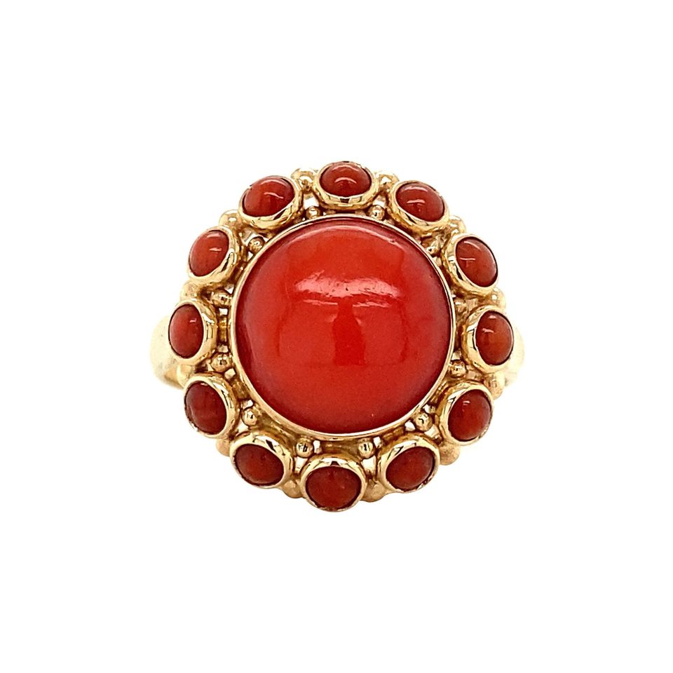 Vintage 14K Gold Cluster Ring with Red Coral