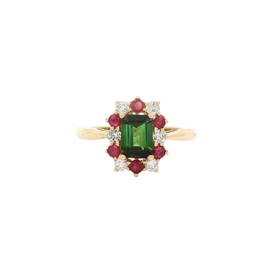 Vintage 14K Gold Ring with Tourmaline, Ruby and Diamond