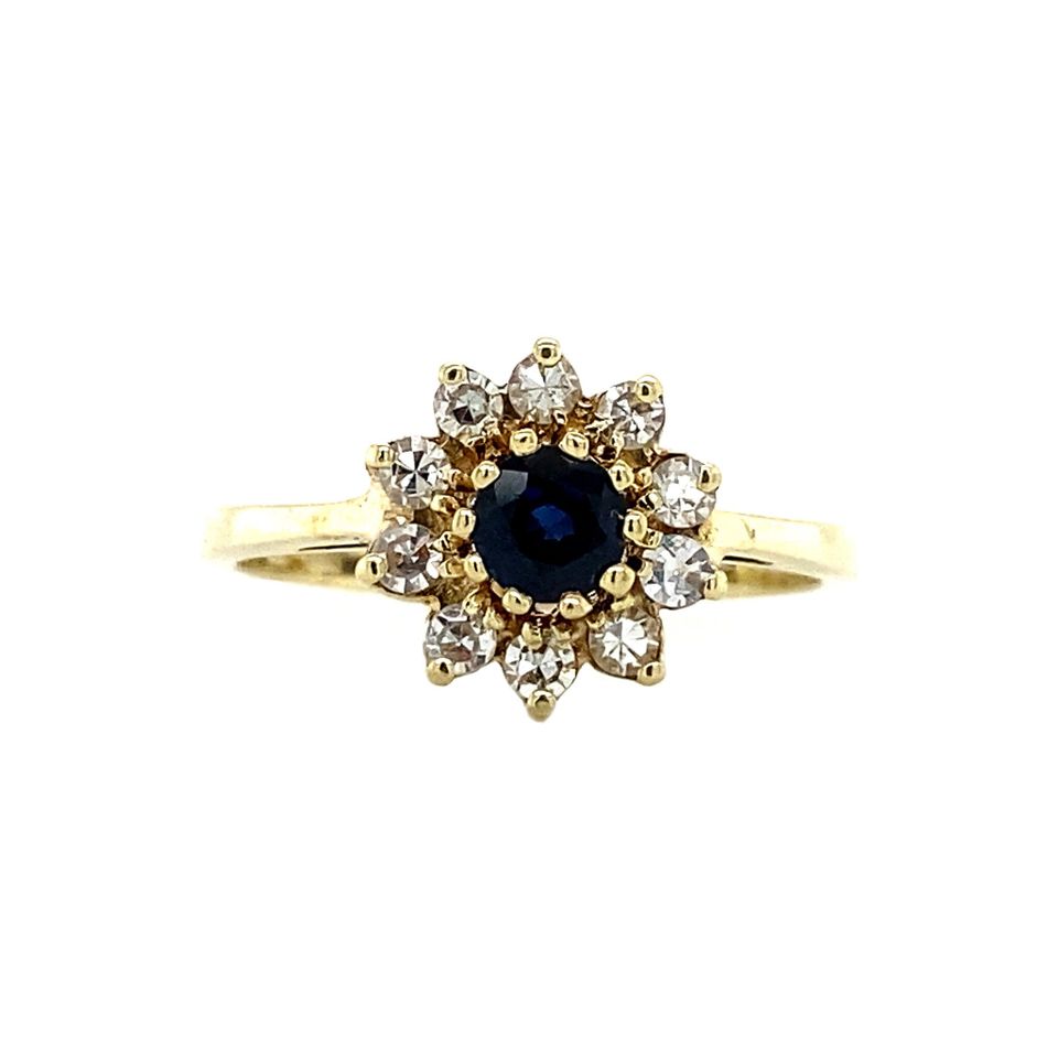 Vintage 14K Gold Cluster Ring with Diamond and Sapphire