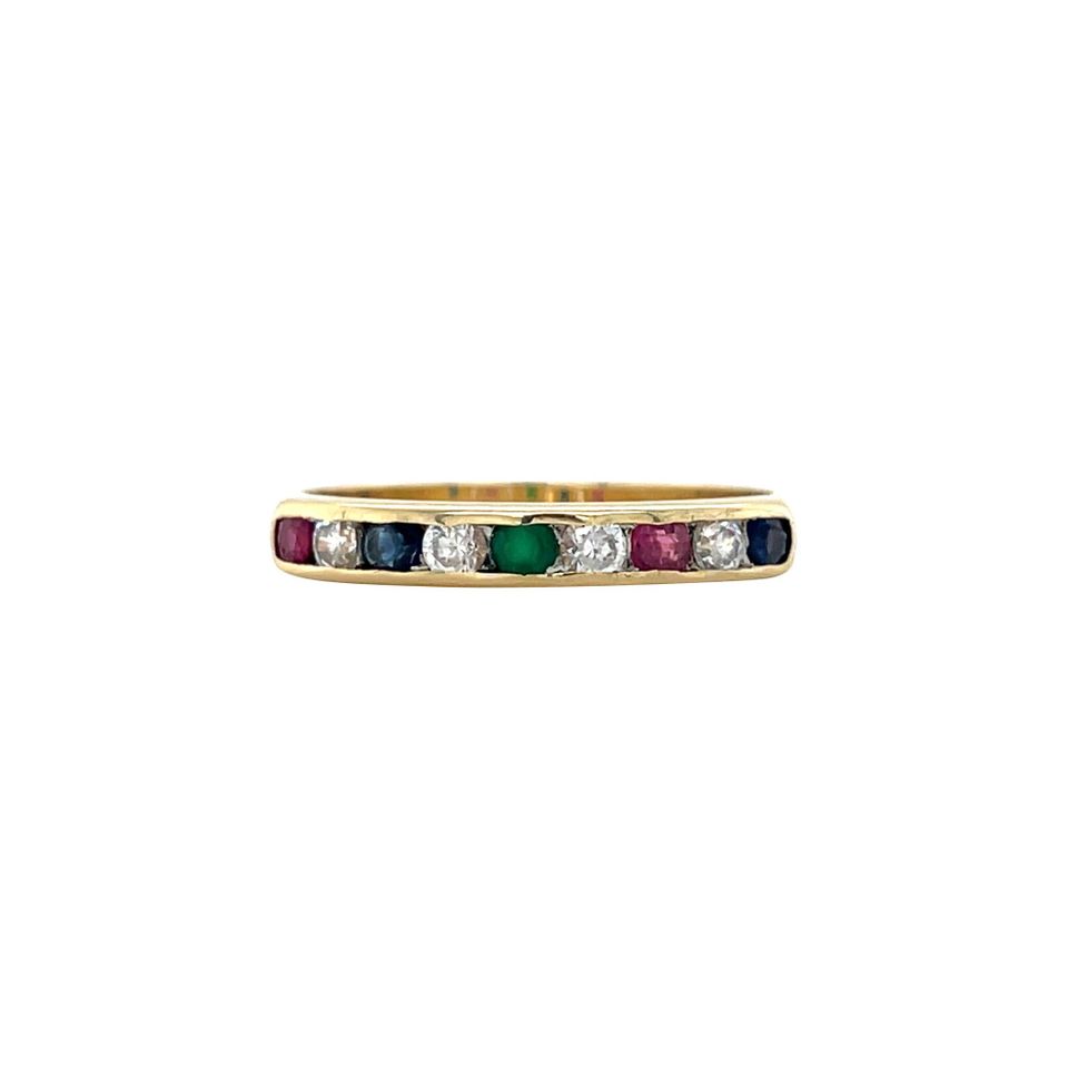 Vintage 14K Gold Half Eternity Ring with Ruby, Sapphire, Agate and Cubic Zirconia