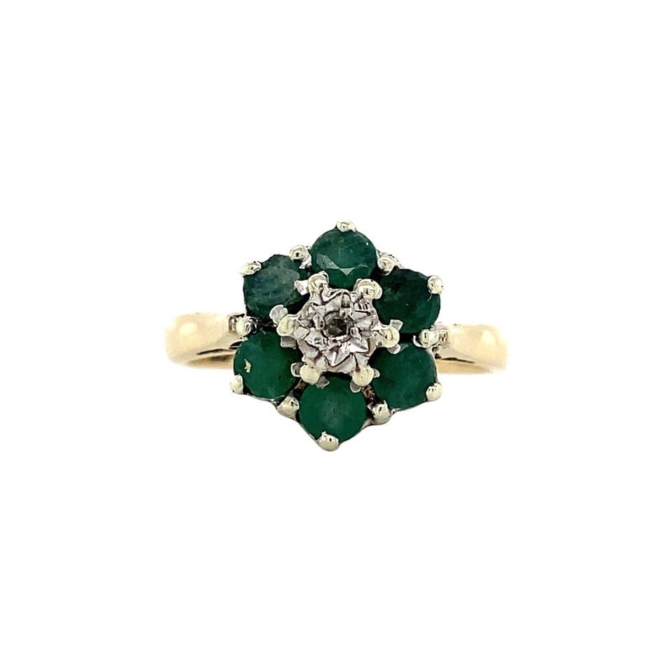 Vintage Cluster 9K Gold Ring with Emerald and Diamond