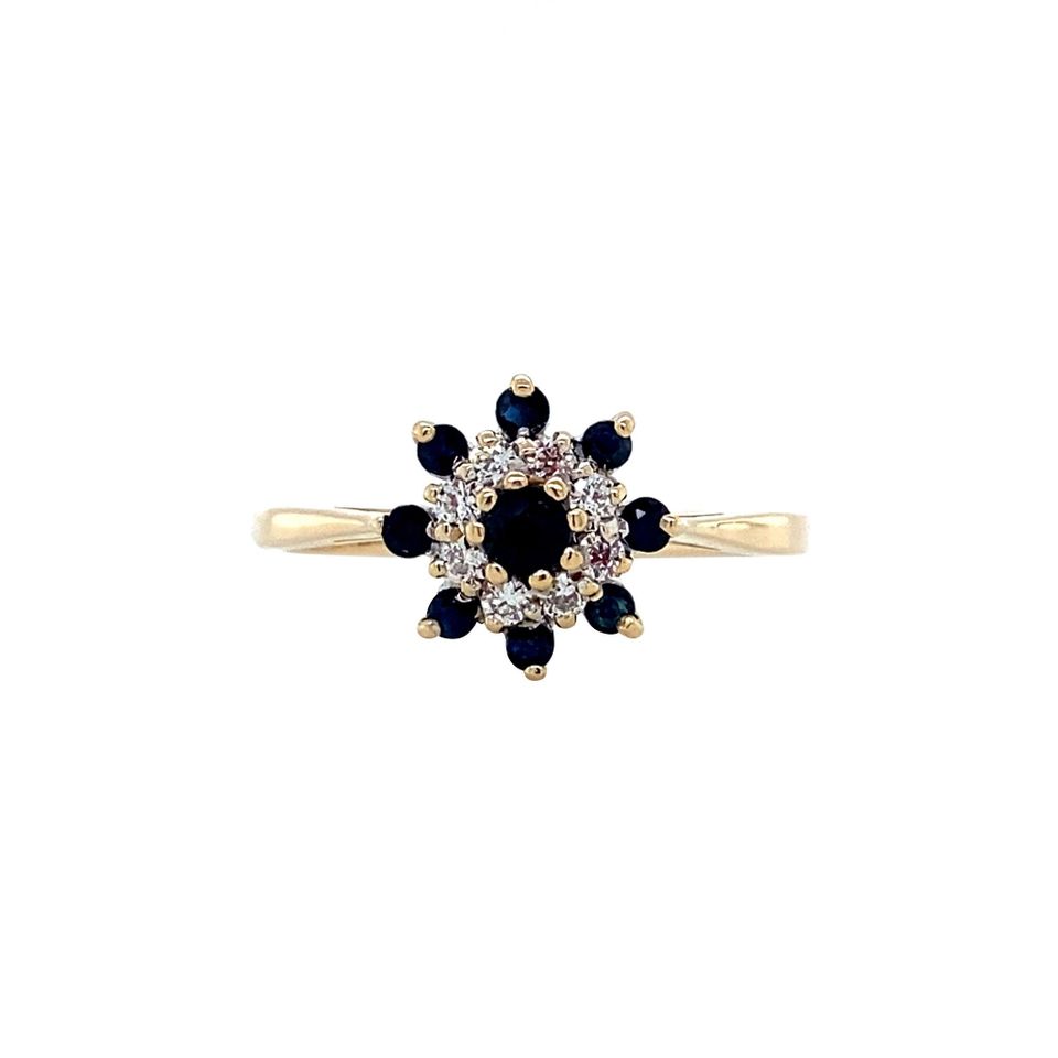 Vintage 14K Gold Cluster Ring with Sapphire and Diamond