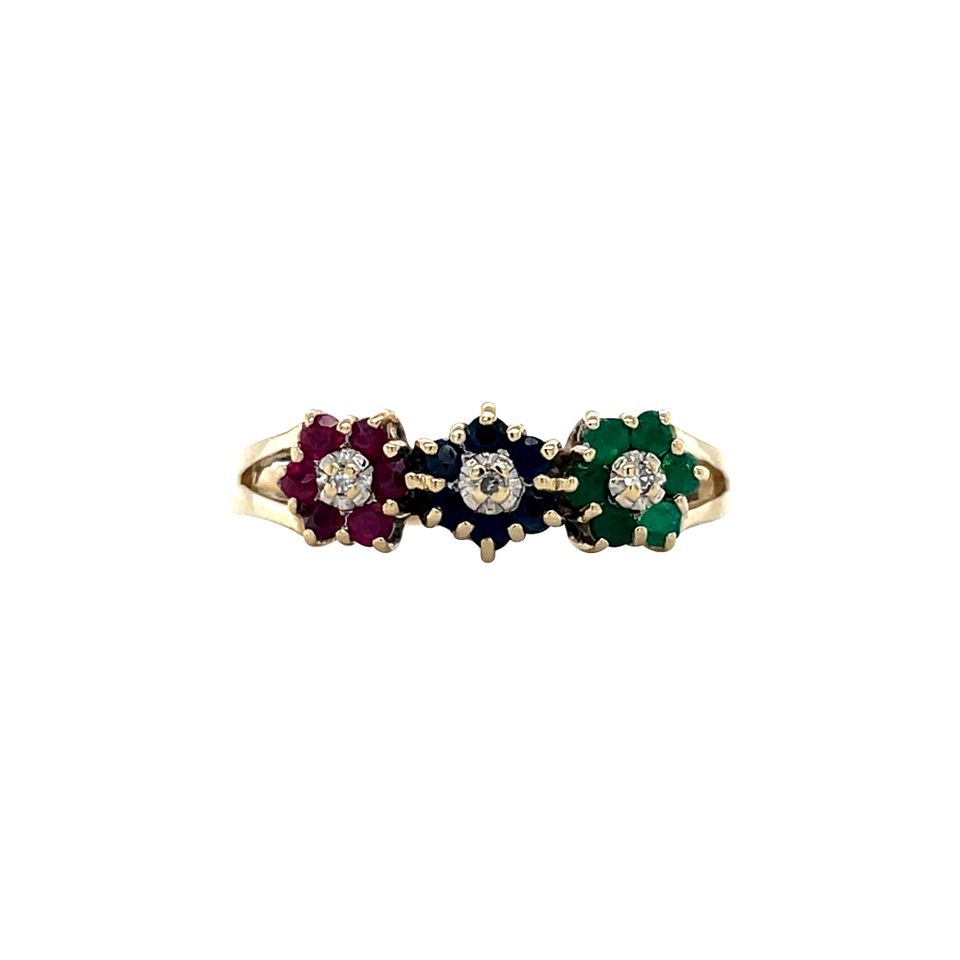Vintage 14K Gold Cluster Half Eternity Ring with Sapphire, Emerald, Ruby and Diamond