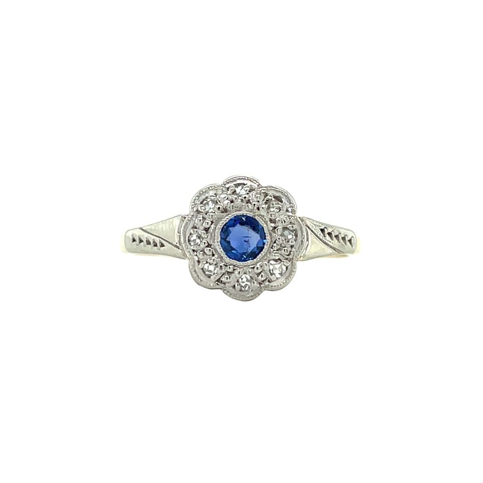 Vintage Cluster 9K Gold Ring with Sapphire and Diamond